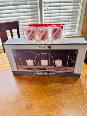 NIB True Living Metal Candle Holder includes a set of 3 Holiday votive candles